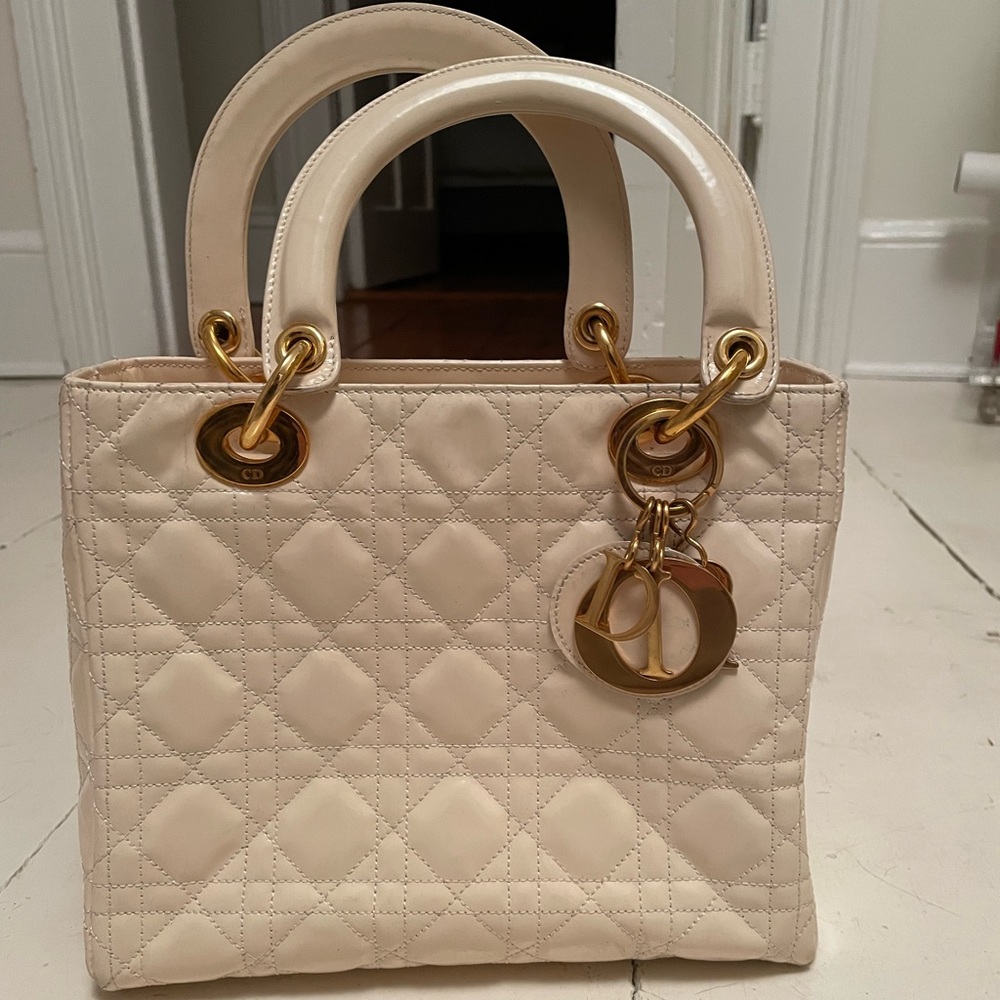 Authentic Lady Dior bag with ivory patent leather gold hardware